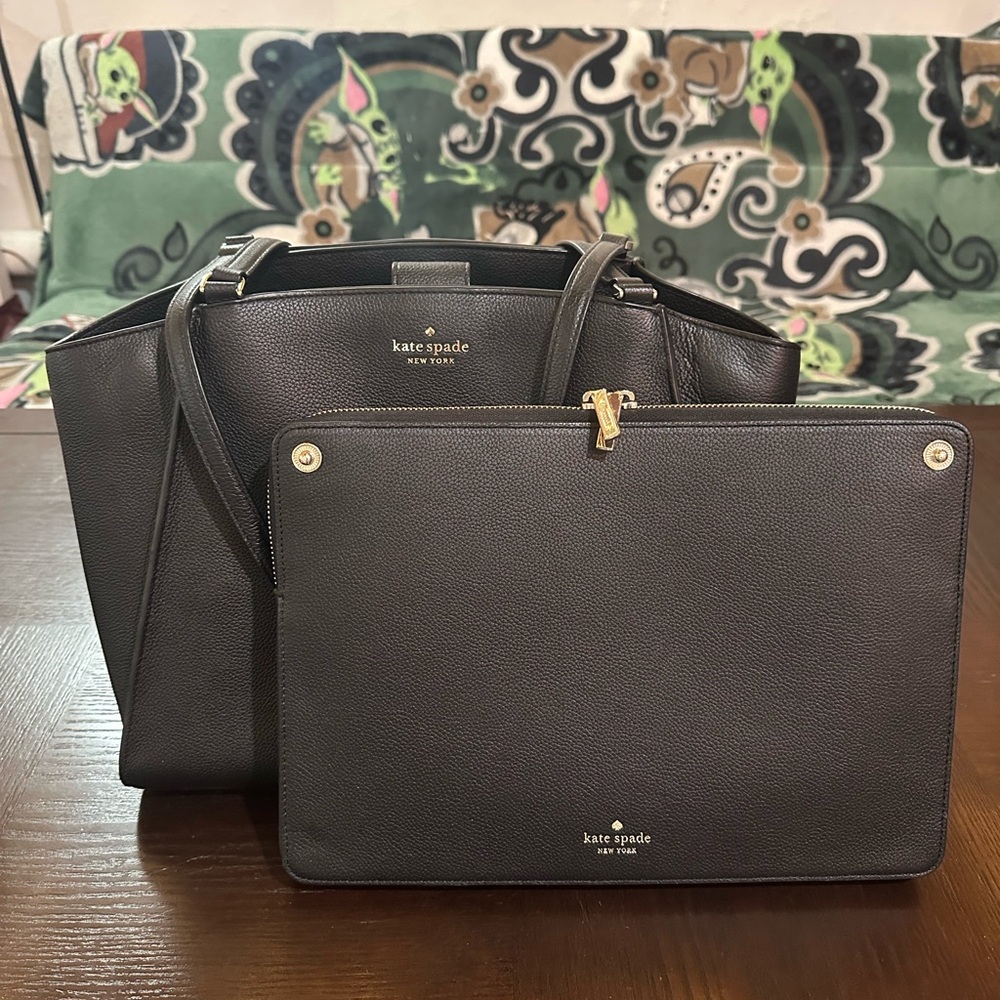 kate spade black leather tote with matching pouch